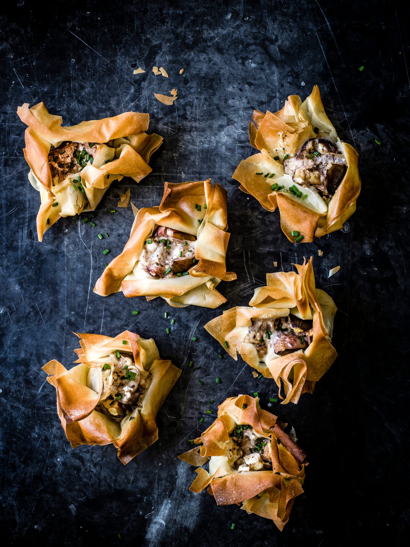 Lancashire cheese and prune filo parcels